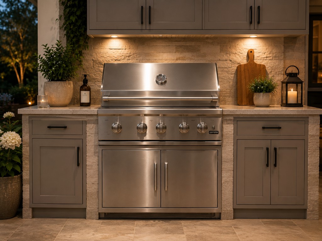 Built-in outdoor gas grill in an outdoor kitchen