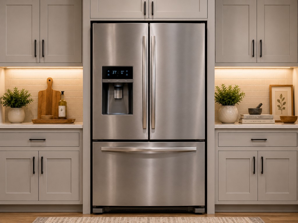 Stainless steel French door refrigerator in a modern kitchen