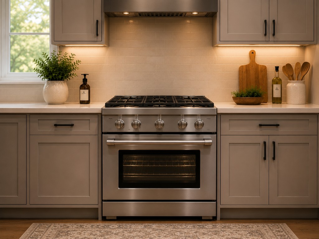 Stainless steel gas range in a modern kitchen