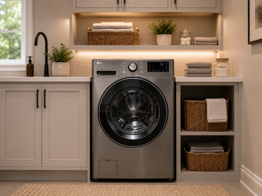 Front-load washing machine in a built-in laundry room