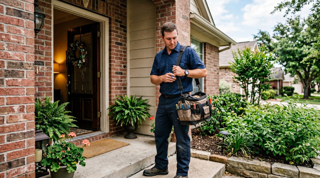 Technician with tool bag at a residential front entrance