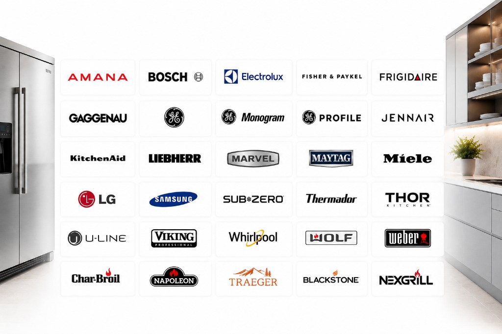 Major appliance brands serviced by SNS Appliance Repair including Amana, Bosch, Electrolux, Fisher & Paykel, Frigidaire, Gaggenau, GE, GE Monogram, GE Profile, JennAir, KitchenAid, Liebherr, Marvel, Maytag, Miele, LG, Samsung, Sub-Zero, Thermador, Thor Kitchen, U-Line, Viking, Whirlpool, Wolf, Weber, Char-Broil, Napoleon, Traeger, Blackstone, and Nexgrill. Professional refrigerator, freezer, ice maker, wine cooler, beverage refrigerator, and outdoor grill repair services throughout Central Texas.