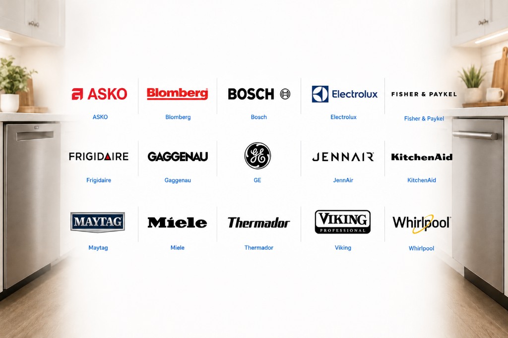 Major dishwasher brands serviced by SNS Appliance Repair including ASKO, Blomberg, Bosch, Electrolux, Fisher & Paykel, Frigidaire, Gaggenau, GE, JennAir, KitchenAid, Maytag, Miele, Thermador, Viking, and Whirlpool. Professional built-in, drawer-style, and compact dishwasher repair throughout Central Texas.