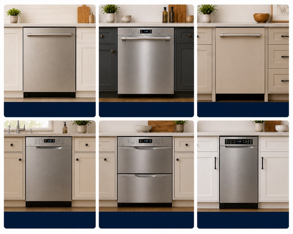 Types of dishwashers we service: top panel, front panel, panel ready, undersink, drawer, and 18 inch