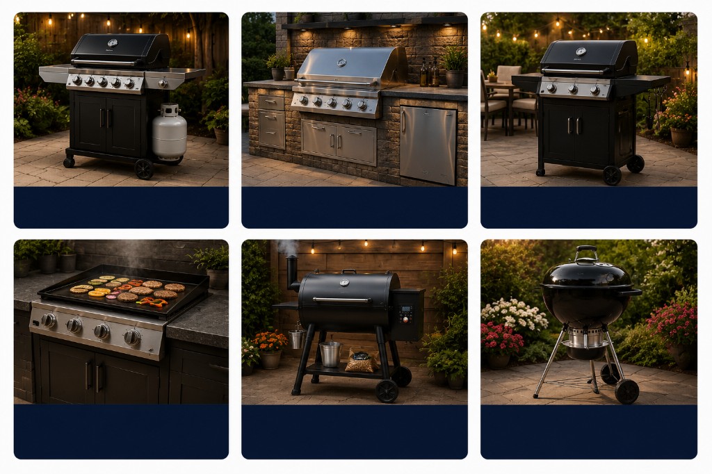 Types of grills we service: gas BBQ grill, built-in outdoor grill, freestanding patio grill, flat top griddle grill, pellet grill and smoker, and charcoal grill