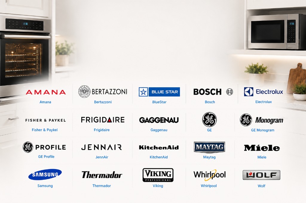 Major oven and microwave brands serviced by SNS Appliance Repair including Amana, Bertazzoni, Blue Star, Bosch, Electrolux, Fisher & Paykel, Frigidaire, Gaggenau, GE, GE Monogram, GE Profile, JennAir, KitchenAid, Maytag, Miele, Samsung, Thermador, Viking, Whirlpool, and Wolf. Professional wall oven, built-in oven, and microwave repair throughout Central Texas.