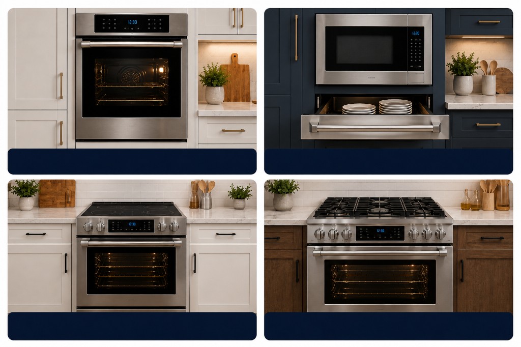 Types of ovens and microwaves we service: wall oven, built-in microwave, over-the-range microwave, and convection oven