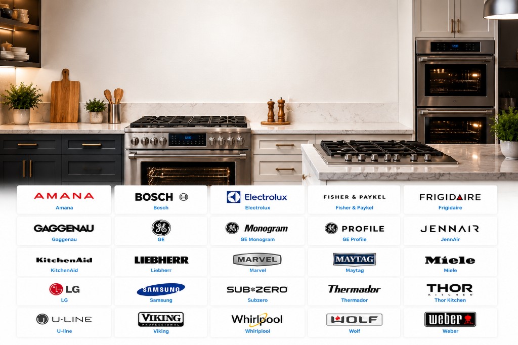 Major stove and range brands serviced by SNS Appliance Repair including Amana, Bosch, Electrolux, Fisher & Paykel, Frigidaire, Gaggenau, GE, GE Monogram, GE Profile, JennAir, KitchenAid, Liebherr, Marvel, Maytag, Miele, LG, Samsung, Sub-Zero, Thermador, U-Line, Viking, Whirlpool, and Wolf. Professional gas and electric range, cooktop, and wall oven repair throughout Central Texas.