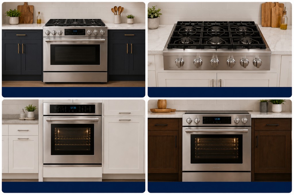 Types of stoves and ranges we service: gas range, gas cooktop, wall oven, and slide-in range