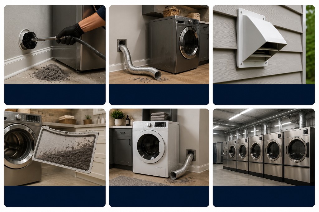 Dryer vent services: full vent cleaning, duct repair, exterior vent cap replacement, lint trap inspection, residential vents, and commercial vents