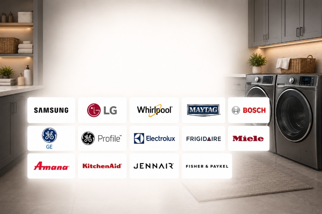 Major washer and dryer brands serviced by SNS Appliance Repair including Samsung, LG, Whirlpool, Maytag, Bosch, GE, GE Profile, Electrolux, Frigidaire, Miele, Amana, KitchenAid, JennAir, and Fisher & Paykel. Professional washer and dryer repair throughout Central Texas.
