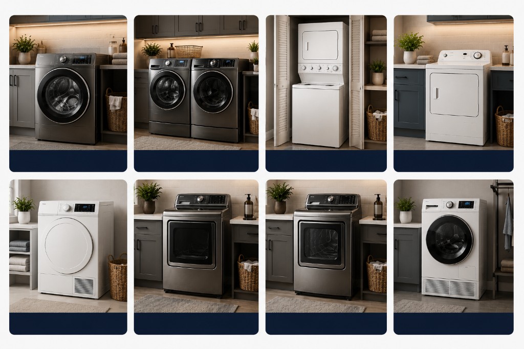 Types of washers and dryers we service: front load washers, washer and dryer combos, laundry centers, vented, condenser, electric, gas, and heat pump dryers